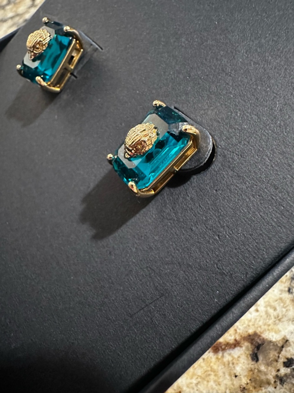 Kurt Geiger Emerald Teal Crystal Stud Earrings with Gold Detail - Picture 4 of 8